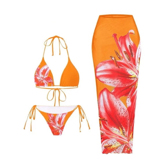 Enjoytime Three Piece Swimsuit for Women Floral Halter Bikini Sets Tie Side Bathing Suit with Long Sheer Cover Up Skirts