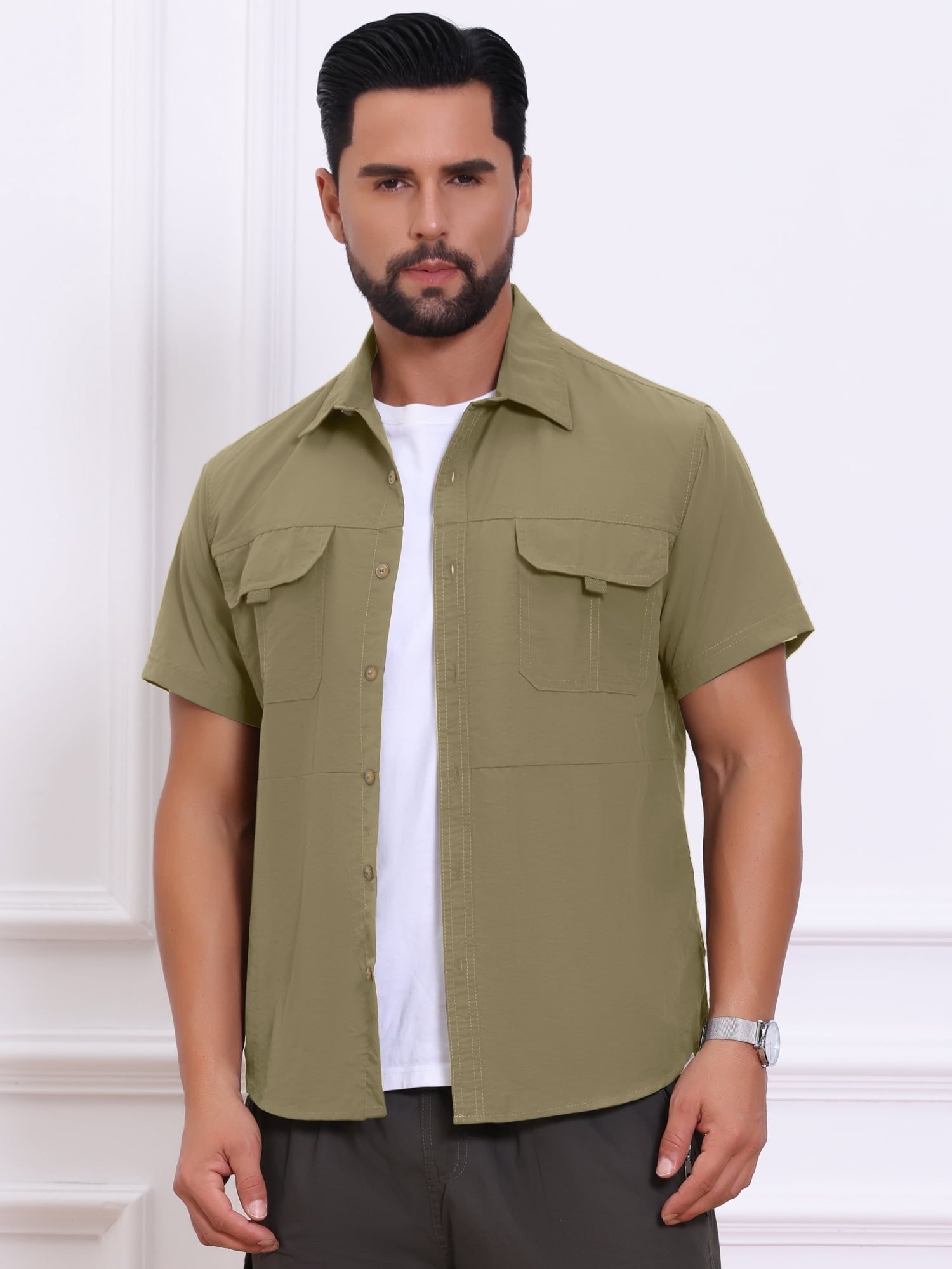 DARING DIVA Men's Solid Cargo Short Sleeve Button Down Utility Shirts M Khaki