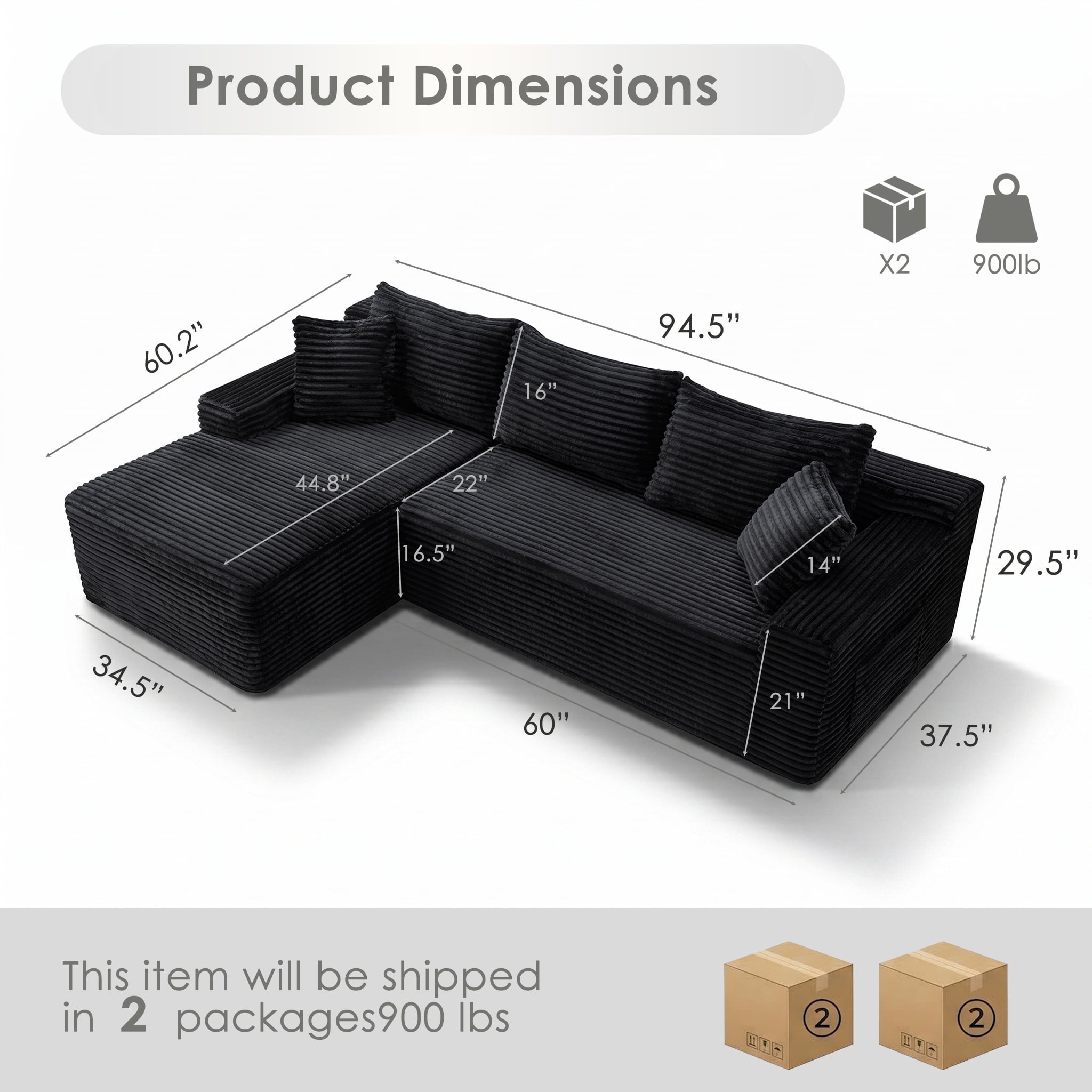 Xiweot 95" Cloud Sectional Sofa Deep Seat Boneless Couch L-Shaped Modular Couch, Modern Left Chaise Corduroy Upholstered Sofa with Side Pockets for Living Room, Black