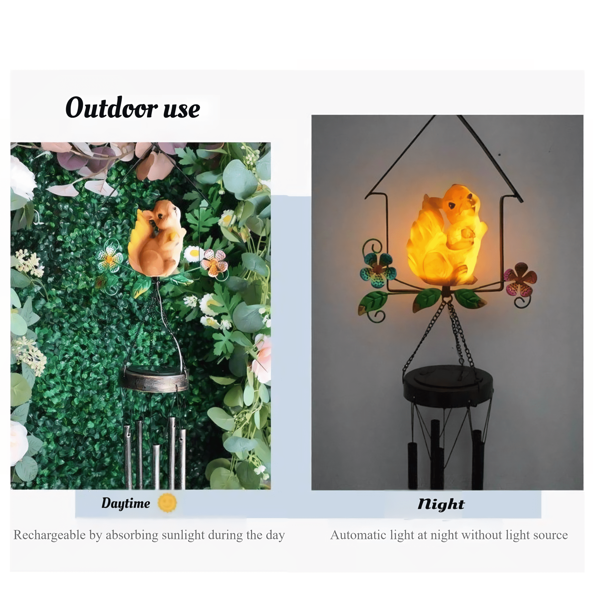 Sykixib Solar Wind Chimes for Outside Garden Decor - Outdoor Hanging Solar Powered LED Wind Chime with Auto On/Off, Weather-Resistant Iron Art Animal Design for Patio, Yard, Party Gift, Squirrel