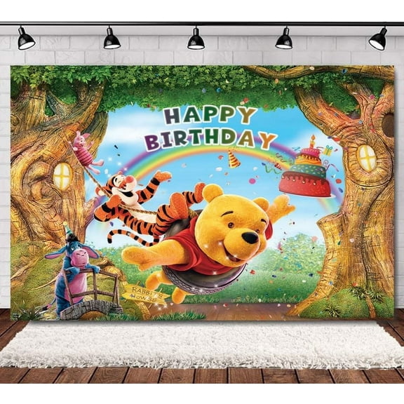 Winnie the pooh Cartoon Theme Birthday Flag Background Banner Children's Party Decoration supplies Photography Photo Prop ,70.8x43.3inch.