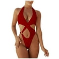 thumbnail image 1 of Women‘s One Piece Swimsuit Sexy Halter Cut Out Bathing Suits Solid Color Backless Monokini Swimwear, 1 of 3