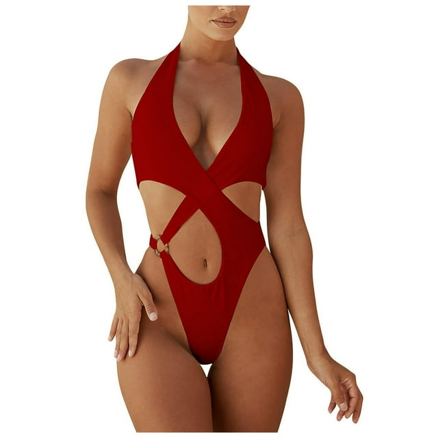 PENGXIANG Women‘s One Piece Swimsuit Sexy Halter Cut Out Bathing Suits Solid Color Backless Monokini Swimwear