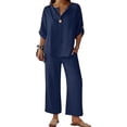 thumbnail image 4 of Women's 2 Piece Lounge Set, 3/4 Sleeve V Neck Casual Top and Wide Leg Pants, Soft Material Matching Outfit for Daily Wear, Beach Travel and Relaxation-Dark Blue, 4 of 7