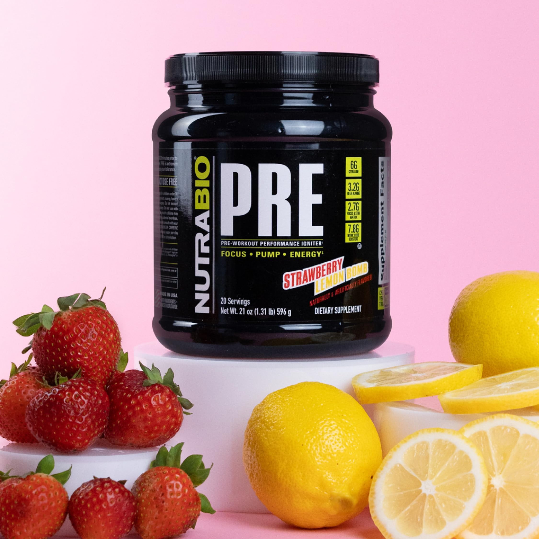 NutraBio PRE Workout Powder - Old Formula- Sustained Energy, Mental Focus, Endurance - Beta Alanine, Creatine, Caffeine, Electrolytes - 20 Servings - Strawberry Lemon Bomb