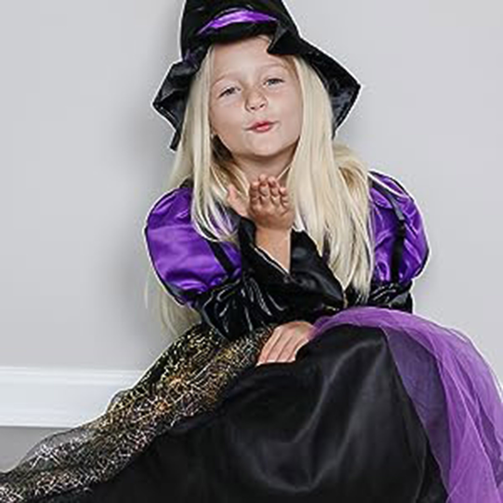 Costume De Sorcière Halloween Pour Fille – Robe Violette Avec Chapeau, Taille Ajustable, Satin Et Tulle