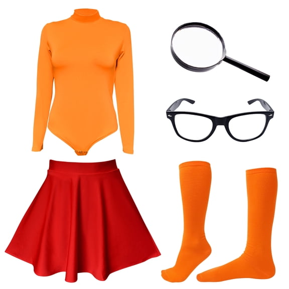 Halloween Costume for Women,Velma Cosplay Long Sleeve Leotard Skirt.
