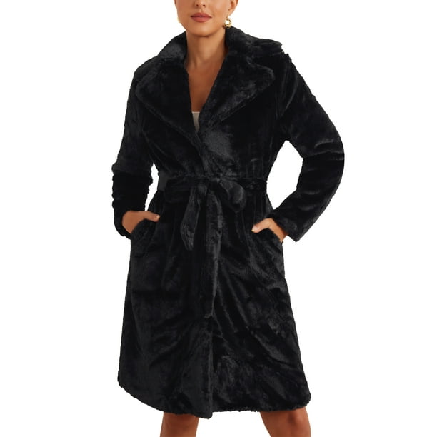 Abrigo largo de invierno INSPIRE CHIC para mujeres con cinturón y solapa, frente abierto, de piel sintética y esponjoso L Negro