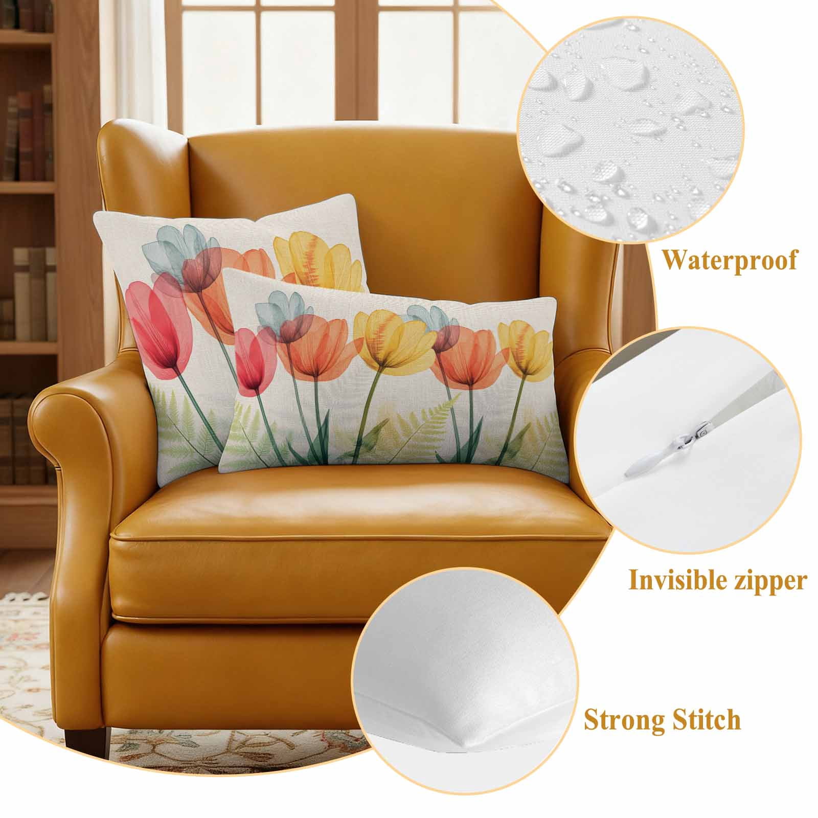 Spring Retro Pillow Covers 2 Pack Orange Yellow Red X-ray Tulips Flower Leaf Pillowcase Waterproof Outdoor Throw Pillow Cover for Patio Garden Square Cushion 18”x18”