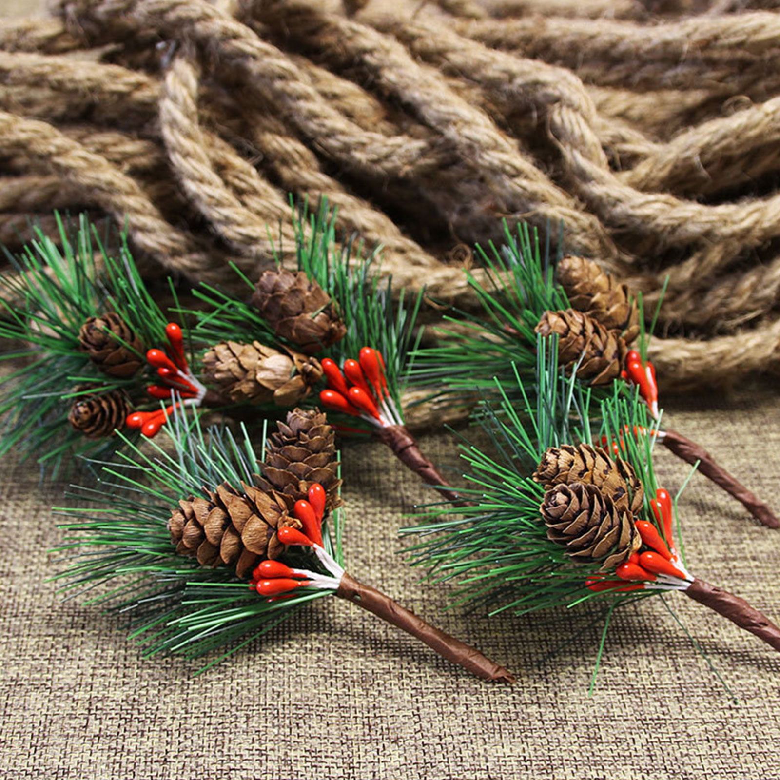 5/10pc Christmas Red Berry And Pine Cone Picks With Holly Branches Floral Decor 