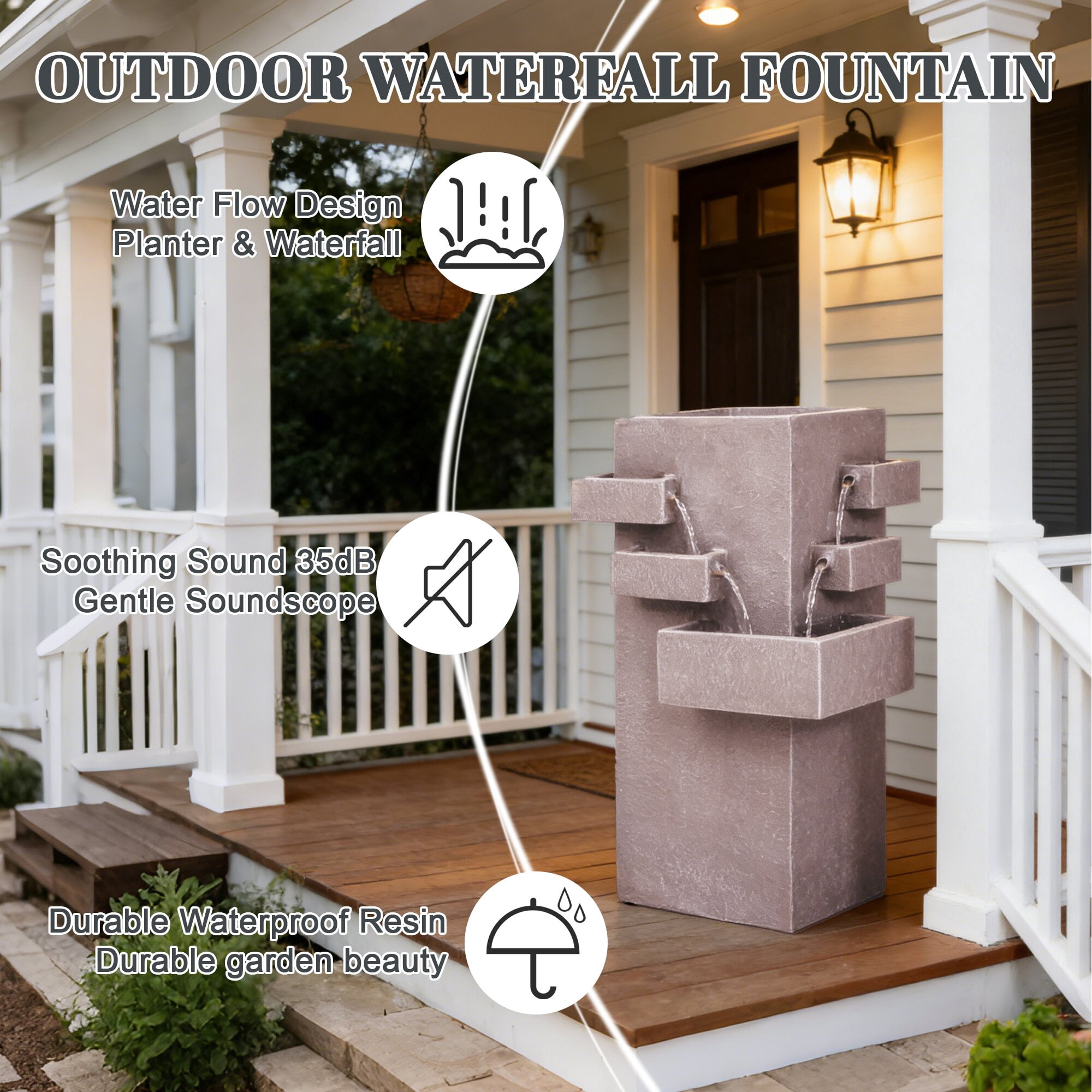 Kaluomm Outdoor Water Fountain 28" Modern Square, Textured Resin Cascading Waterfall for Garden Yard Patio, Beige