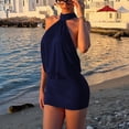 thumbnail image 5 of Morttic Backless Halter Mini Dress for Women – Ruched Waist Sleeveless Tight Fit Solid Color Beach Dress Vacation Outfit Navy Blue，L, 5 of 6