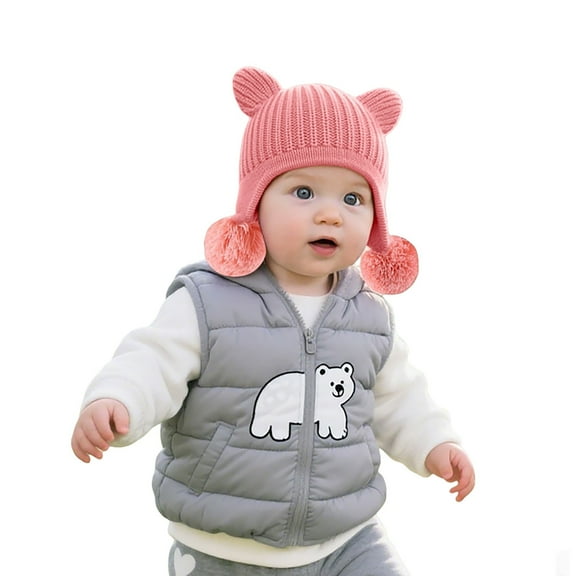 MEZZALL Adorable Bear Ears Knit Hat With Double Pom Poms Kids Winter Warm Soft Stretchy Girls Boys Holiday Teen Dailywear