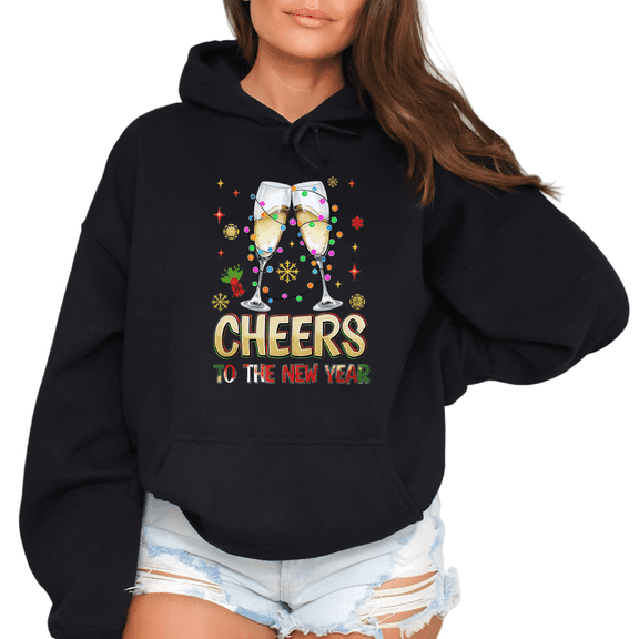 Women 2026 New Year Round Neck Printed Cotton Hooded Long-Sleeved Graphic Tees Tops Black Colorful Champagne Glass Letter New Year Party Black S-2XL