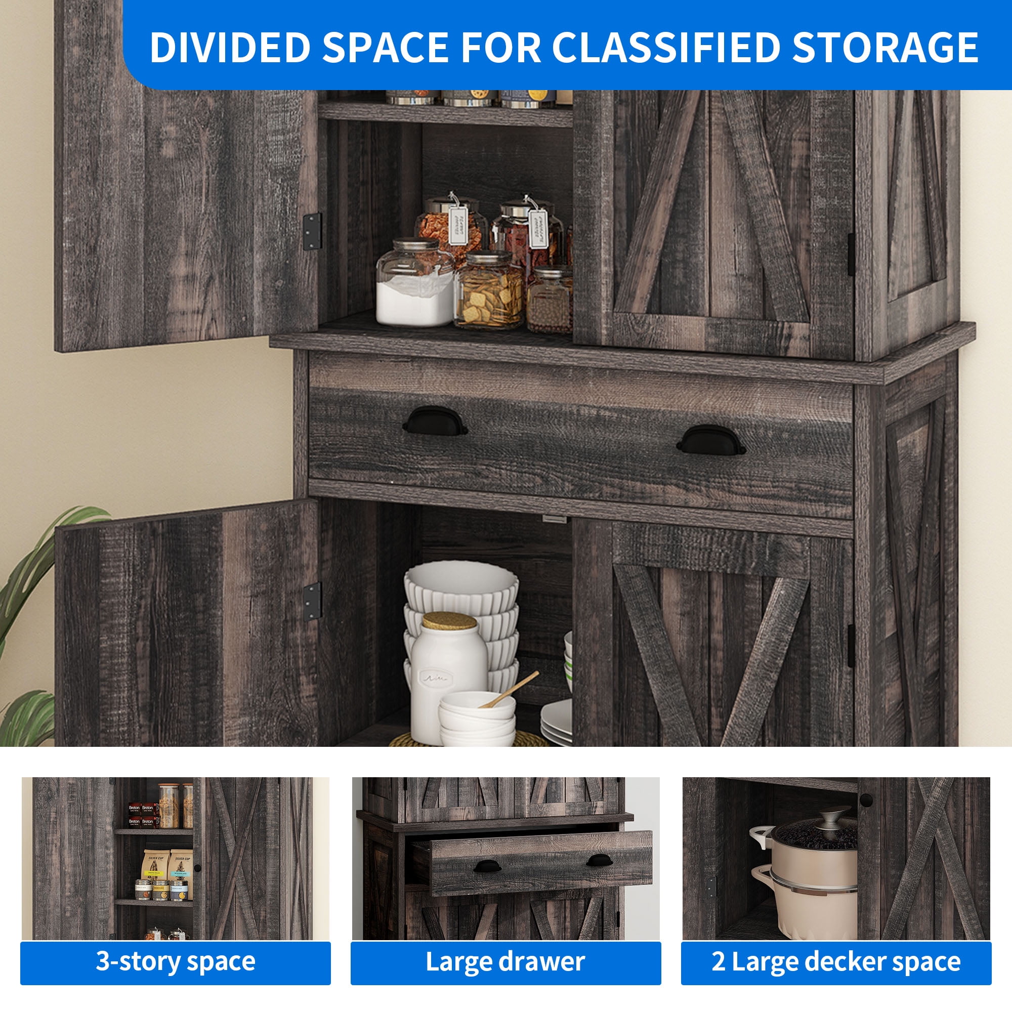 Uforic Tall Pantry Cabinet with 4 Doors and Adjustable Shelves, 72 Inch Farmhouse Storage for Kitchen Dining Living Room, Dark Rustic Oak