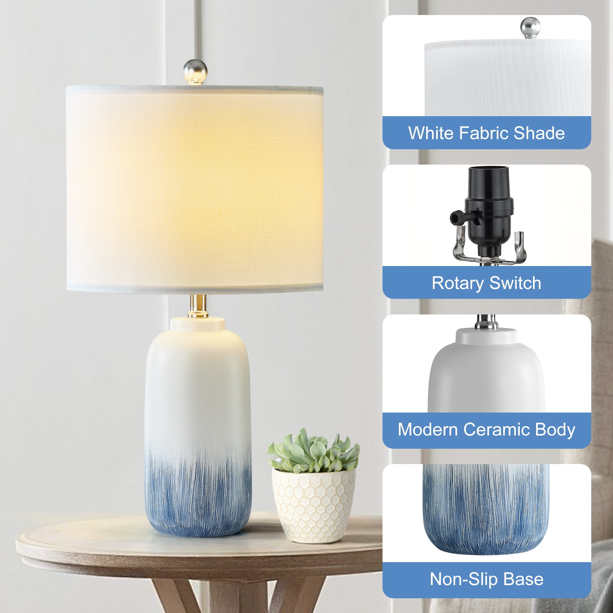 Maxax Blue Ceramic Table Lamps Set of 2, 24" 3-Way Dimmable Bedside Lamps for Bedroom & Living Room