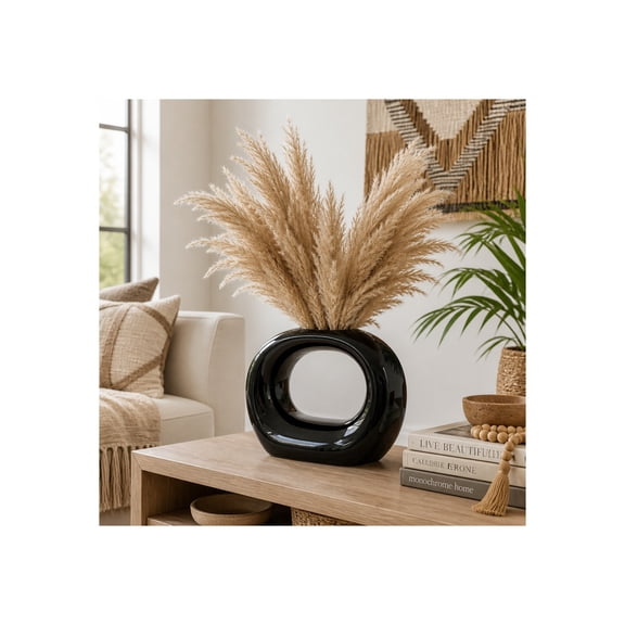 Glossy Oval Vase for Living Room Decor - Ceramic Sculptural Hollow Design Flower Vase for Bedroom and Home Office Display - Modern House Accent for Table Centerpiece or Room Feature Item - 11", Black