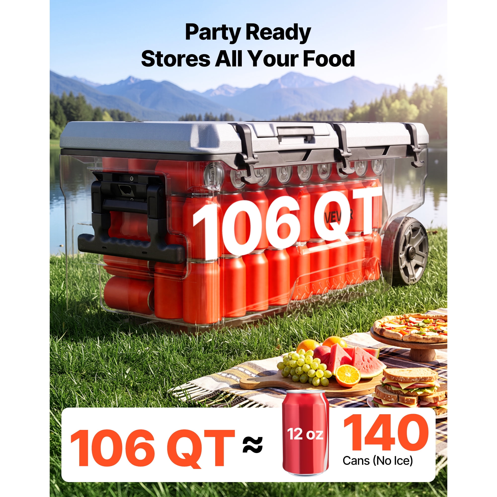 KFFKFF 106QT Portable Rolling Cooler with Wheels, Insulated Chest for 48-Hour Ice Retention, Lightweight and Leak-Resistant Design for Camping, Picnics, and Outdoor Grilling
