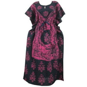Mogul Women's Kimono Caftan Pink Batik Print Cotton Beach Cover Up Evening Dress XXL
