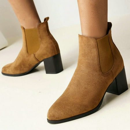 

Women High Heel Shoes Winter Warm Fashion Slip On Pointed Toe Casual Solid Color Suede Platform Ankle Boots