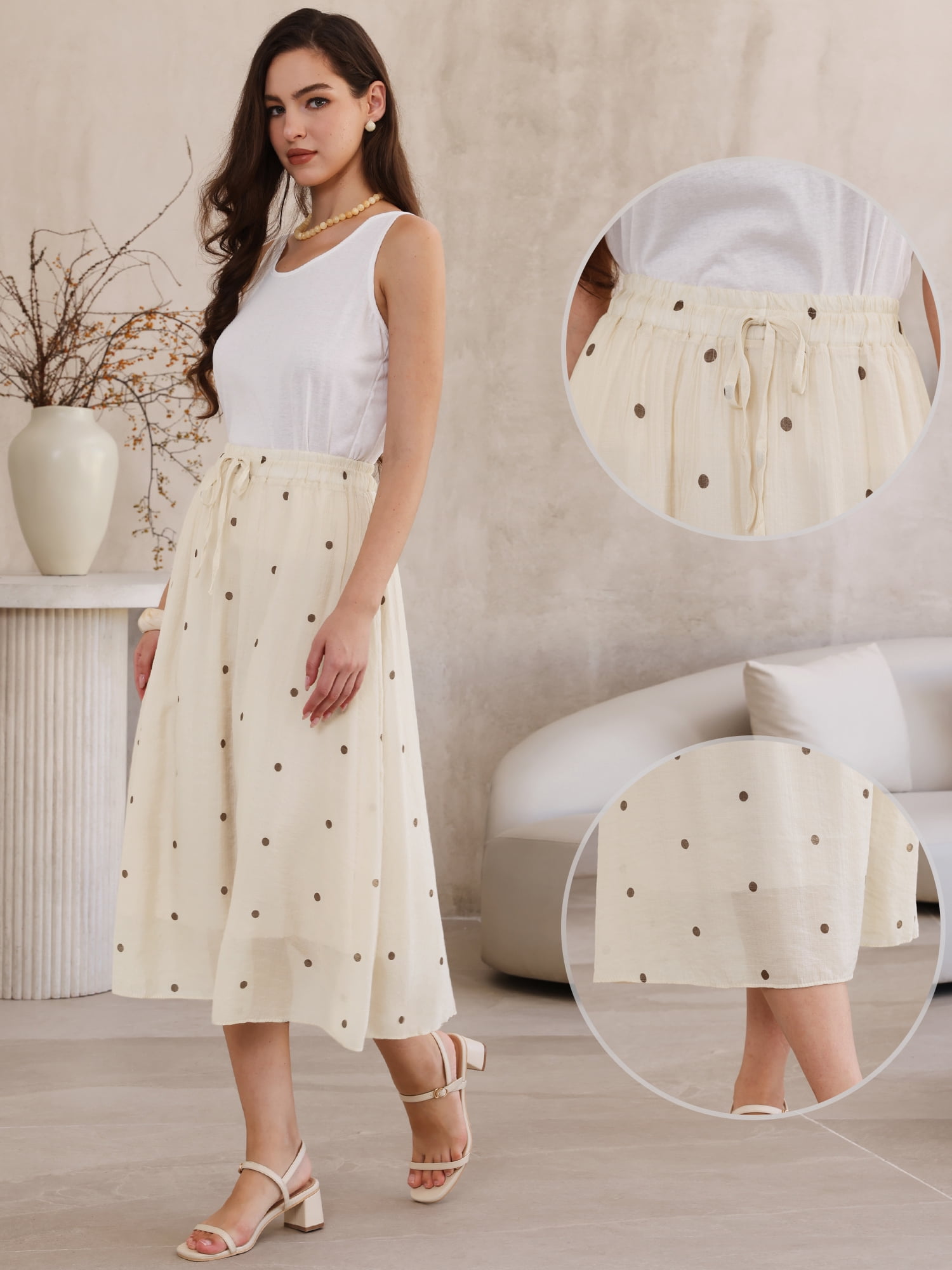 DARING DIVA Women's Elastic Waist Polka Dots Midi Skirts Medium Beige