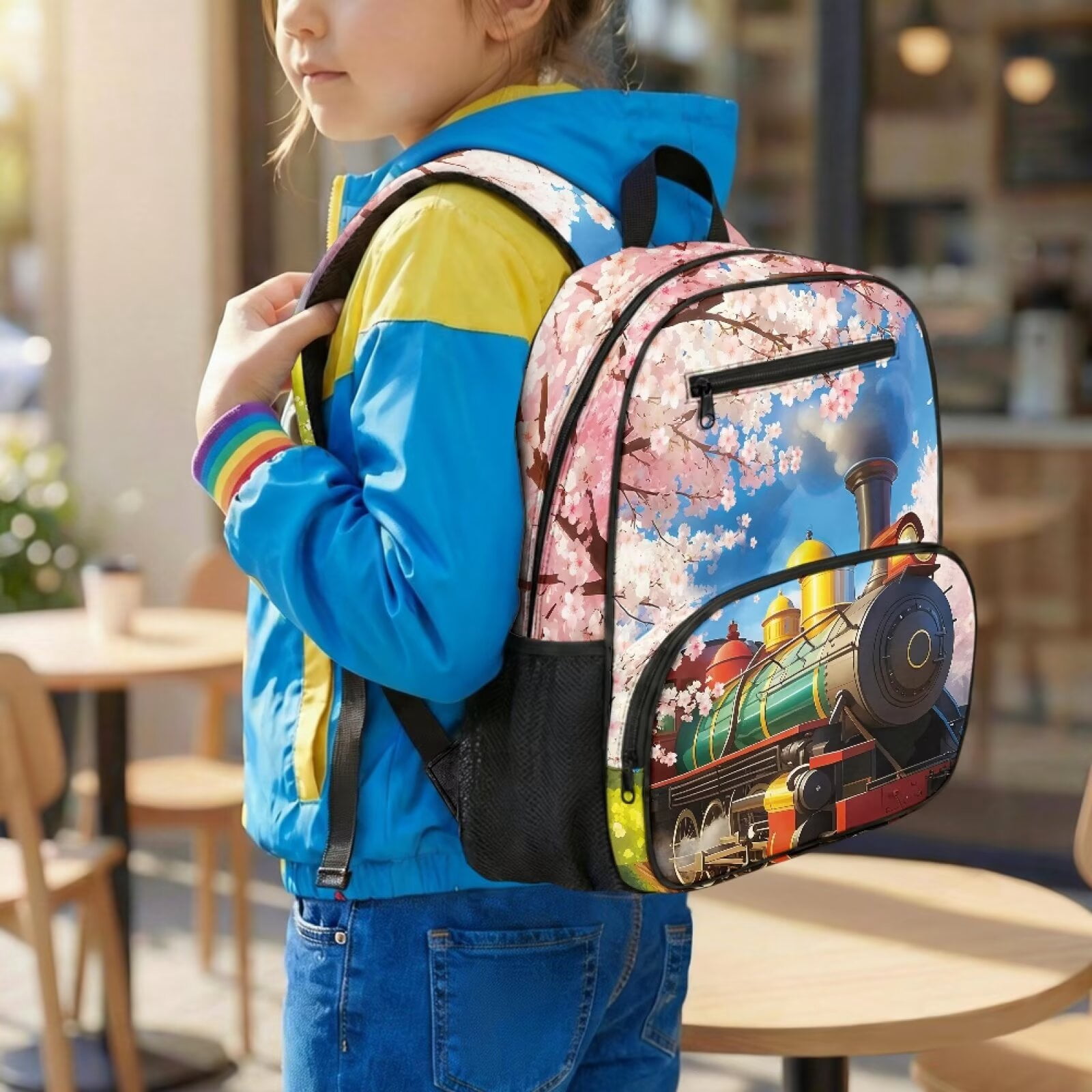 Pzuqiu Cherry Blossom Steam Train 13.5 Inch Kids School Backpack Breathable Lightweight Bookbag for Boys Girls Preschool Kindergarten Daycare with Adjustable Padded Straps