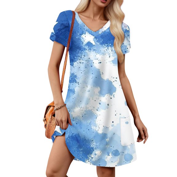 Women's Casual Summer Dress, Short Sleeve V-Neck Star Print, Red White Blue, Comfortable Loose Fit for Daily Wear