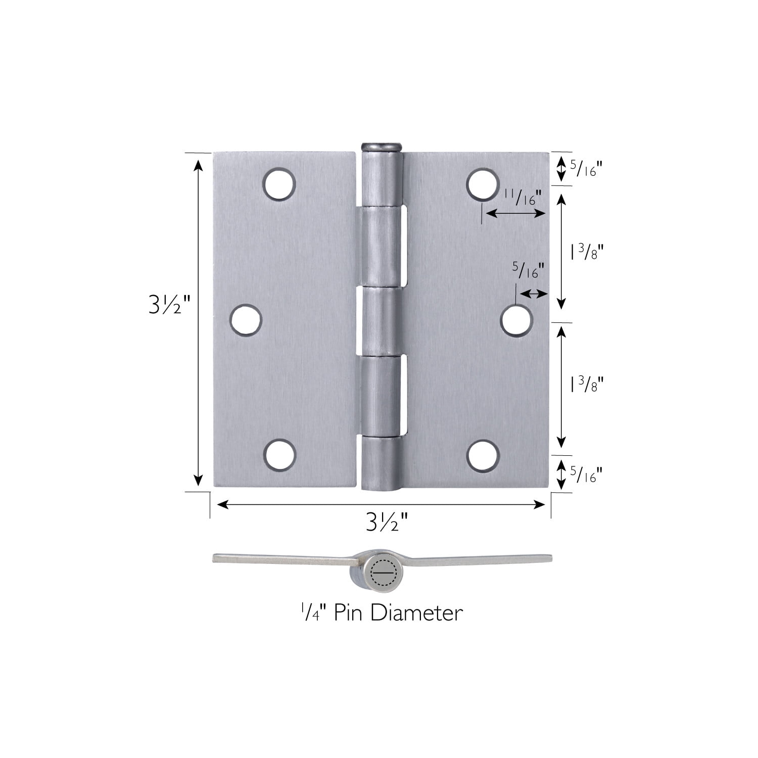 Brushed Chrome Steel Plain Bearing Door Hinge with Removable Pin, 3-1/2 x 3-1/2 in. Square Corner, 3-Pack