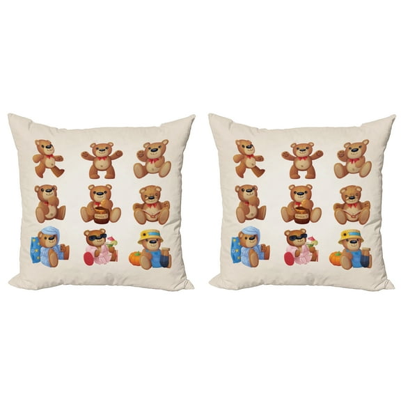 Ambesonne Cartoon Throw Pillow Cover 2 Pack, Teddy Bear Design, 18", Chocolate Cream