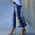 thumbnail image 2 of WREESH Womens Jeans Fashion Pockets Button Mid Waist Skinny Ripped Jeans Trousers Hole Pants Dark Blue, 2 of 9