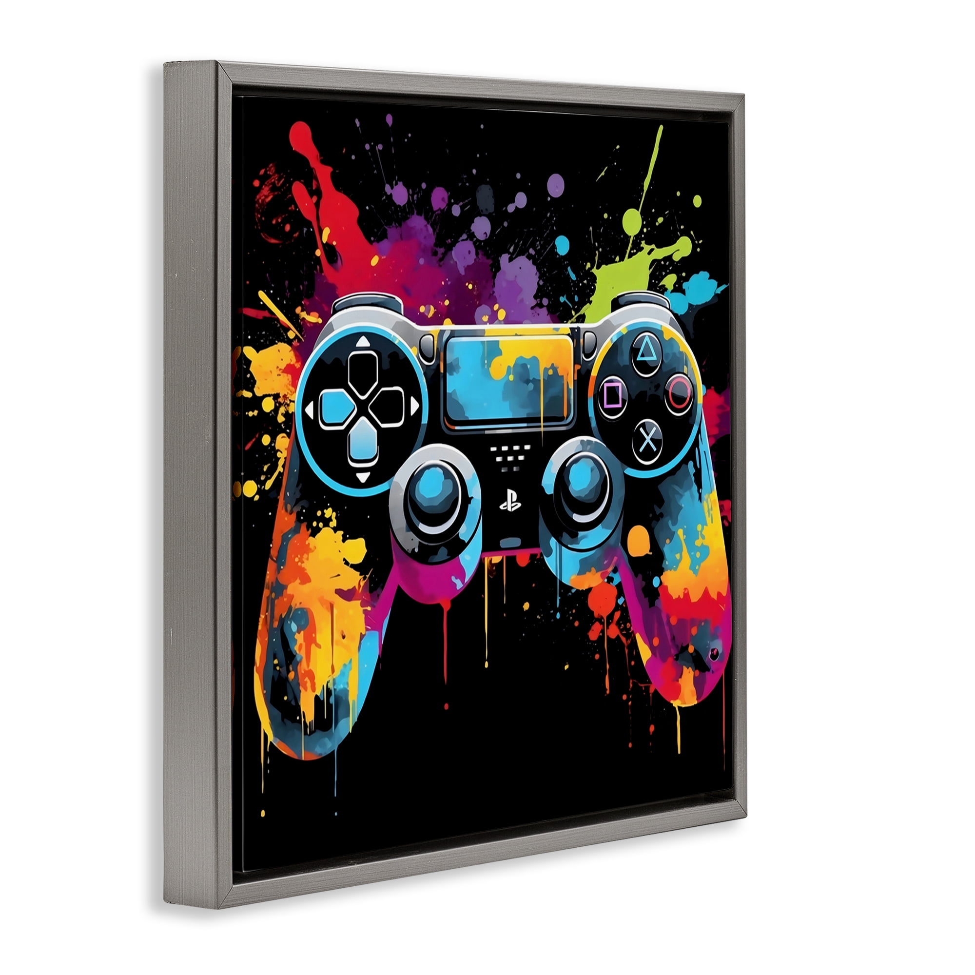 Stupell Industries Paint Splash Game Controller Gray Framed Floater Canvas Wall Art, design by Creative Studio