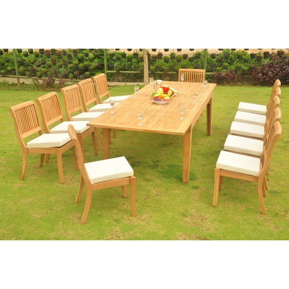 Teak Dining Set: 12 Seater 13 Pc: Large Caranasas 122" Double Extensions Premium Rectangle Dining Table & 12 Armless Arbor Stacking Chairs Outdoor Patio Grade-A Teak Wood WholesaleTeak #WMDSAB48