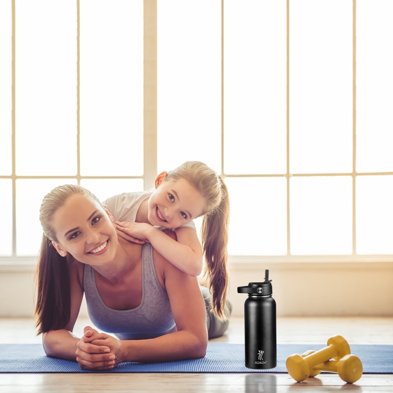 AQwzh 40 oz Black Insulated Stainless Steel Water Bottle with Straw and Wide Mouth Lid