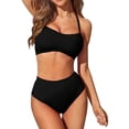 thumbnail image 2 of Sngxgn Women V Neck Swimsuits Tummy Control Ruched Swimwear Halter Bathing Suit(Black,L), 2 of 8