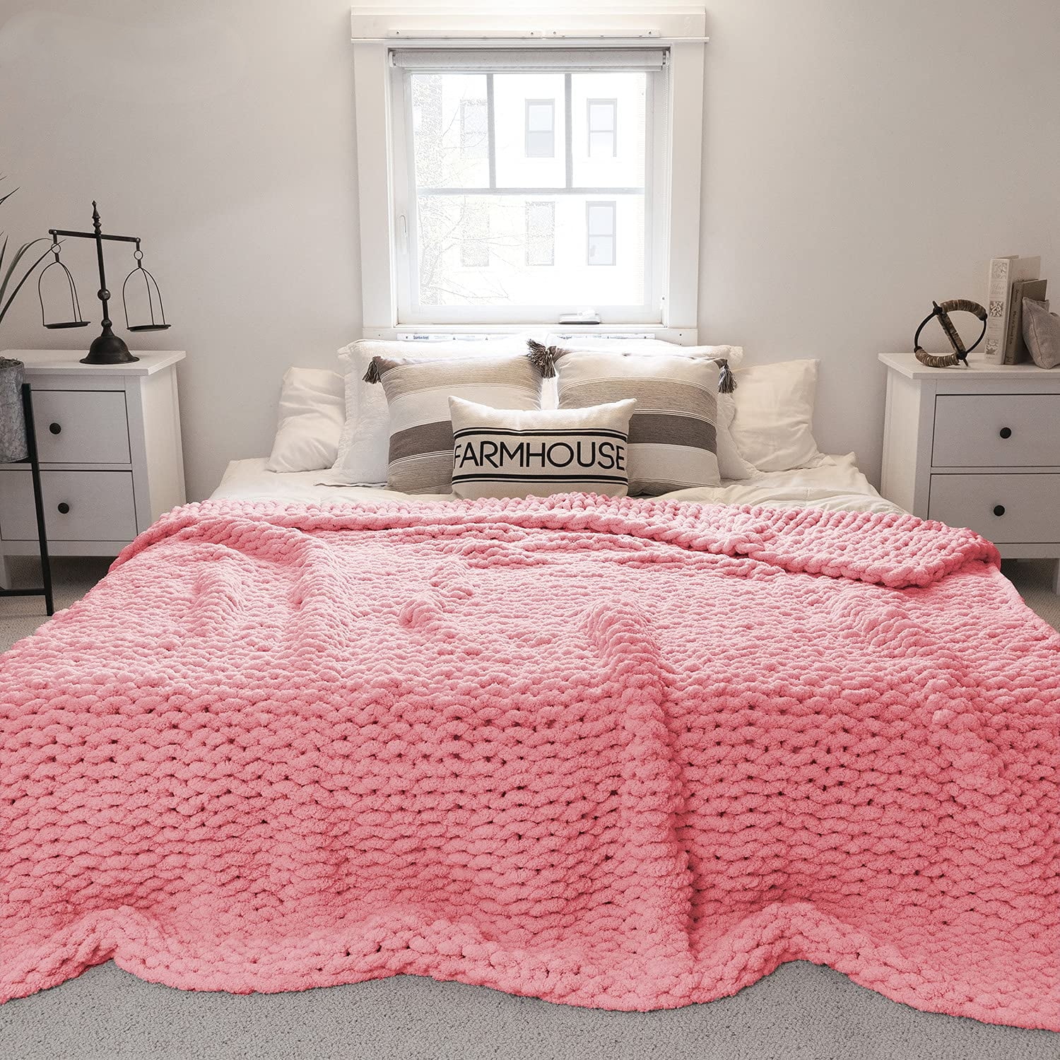 Modenna Chunky Knit Blanket Throws Chenille Throw Blanket, Leather Pink