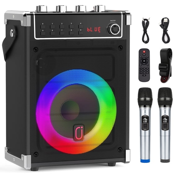 FanFun Portable Bluetooth Speaker with Microphones, Party Speaker with Lights, Remote Control, Powerful Loudspeaker, AUX Input, FM, REC