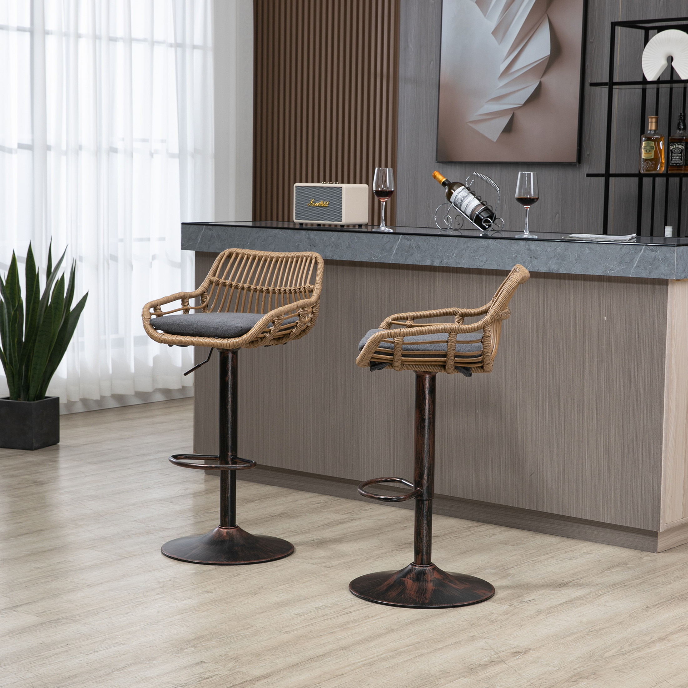 Noble House Swivel Bar Stools Set of 2, Adjustable Linen Counter Height Chairs with Footrest, Gray