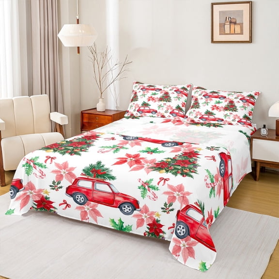 Castle Fairy Red Truck Boy Girl Twin Sheet Sets 3pcs,Christmas Flower Tree Twin Fitted Sheet Microfiber,Xmas Festival Breathable Flat Sheet,Luxury Bedroom Decor