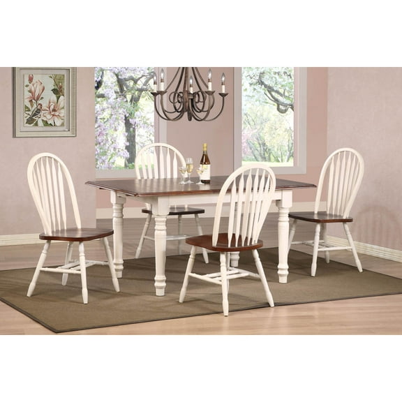 Extendable Dining Set 60" Rectangular Table, 5 Piece Arrowback Chairs, Antique White/Chestnut Brown