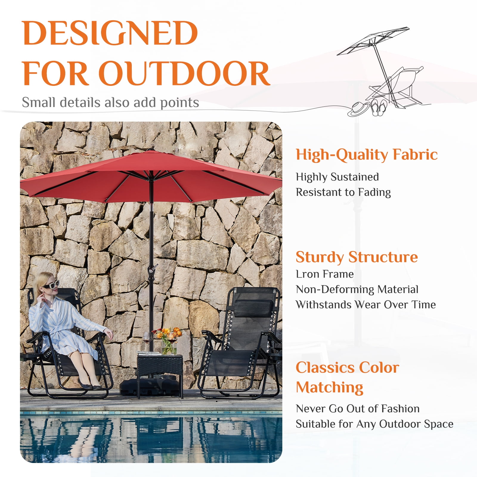 JIOABL Patio Umbrella - 9 ft Outdoor Shade with Crank, 5-Rib Design & UV15+ Fabric for Balcony or Deck, Red
