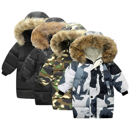 

KYAIGUO 3-12T Girls Boys Camouflage Cotton Coats Outwears Winter Warm down Jackets with Removable Hoodie Mid-Length Fleece Coats for Kids Toddler