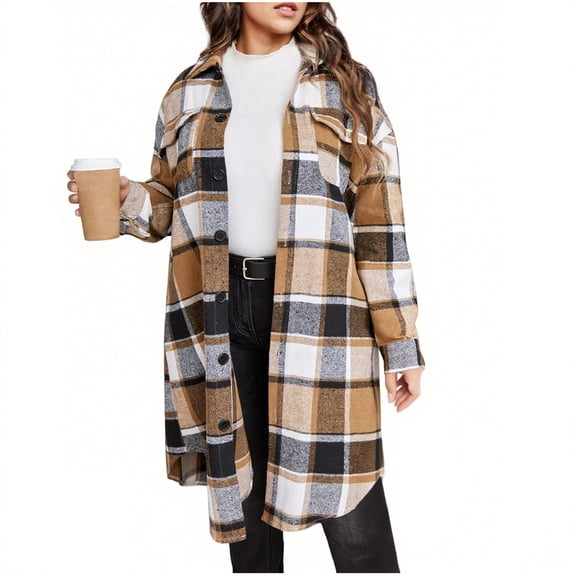 Sevevn Womens Plaid Shacket Jacket Long Flannel Shirt Casual Lapel Button Down Trench Coats Long Sleeve Plaid Coat Pockets Khaki XL