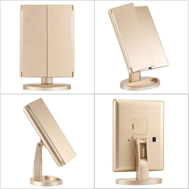 Espejo de maquillaje LED con luz, espejo de maquillaje plegable con aumento luminoso, espejo de maquillaje de escritorio con luz de maquillaje, espejo de maquillaje de tres pliegues