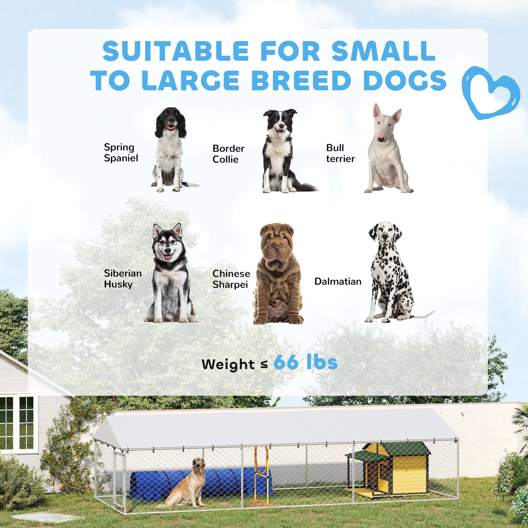 Dranite 20' x 7.5' x 5' Outdoor Dog Kennel for Large Dogs, Heavy-Duty Metal Frame with Waterproof Roof