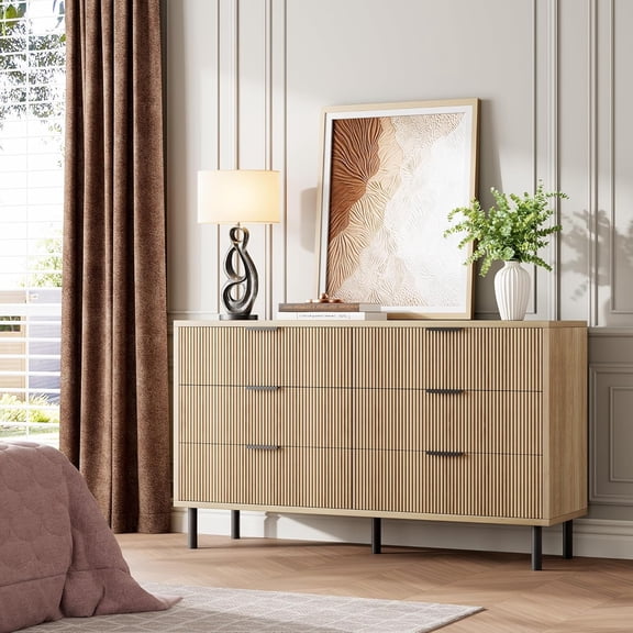 Senfot Modern Fluted 6 Drawer Dresser for Bedroom,Wide Chest of Drawers with Metal Handles and Legs,Clothes Storage Cabinet Organizer,Wooden Dresser TV Stand,for Living Room Hallway Closet,Wood Color