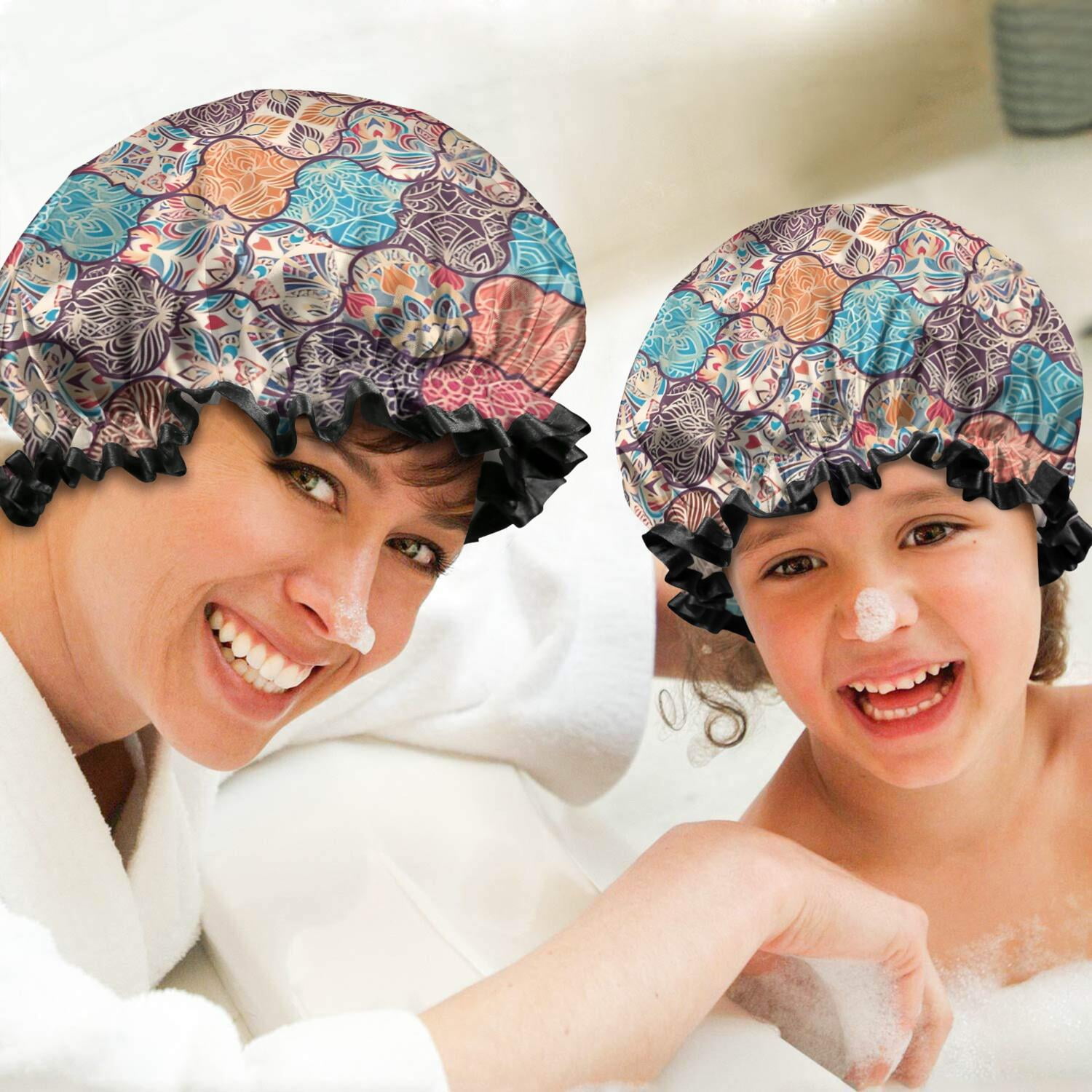 Shower Caps,Multicolor Ethnic Geometric Pattern Waterproof Shower Cap for Women 4 Pieces,Double Reusable Hair Cover for Shower PEVA Elastic Stretch Hem