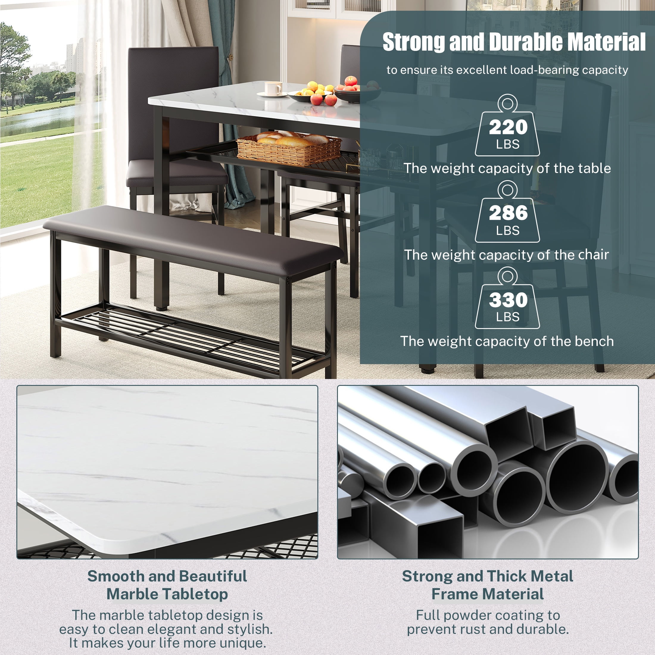 PORKISS 6 Piece Dining Set with Bench, Modern Dining Table Set for 6, Large Kitchen Table and Chairs for 6 Persons, Rectangle Dinette Sets with 4 Chairs and 1 Bench for Family, Black + White