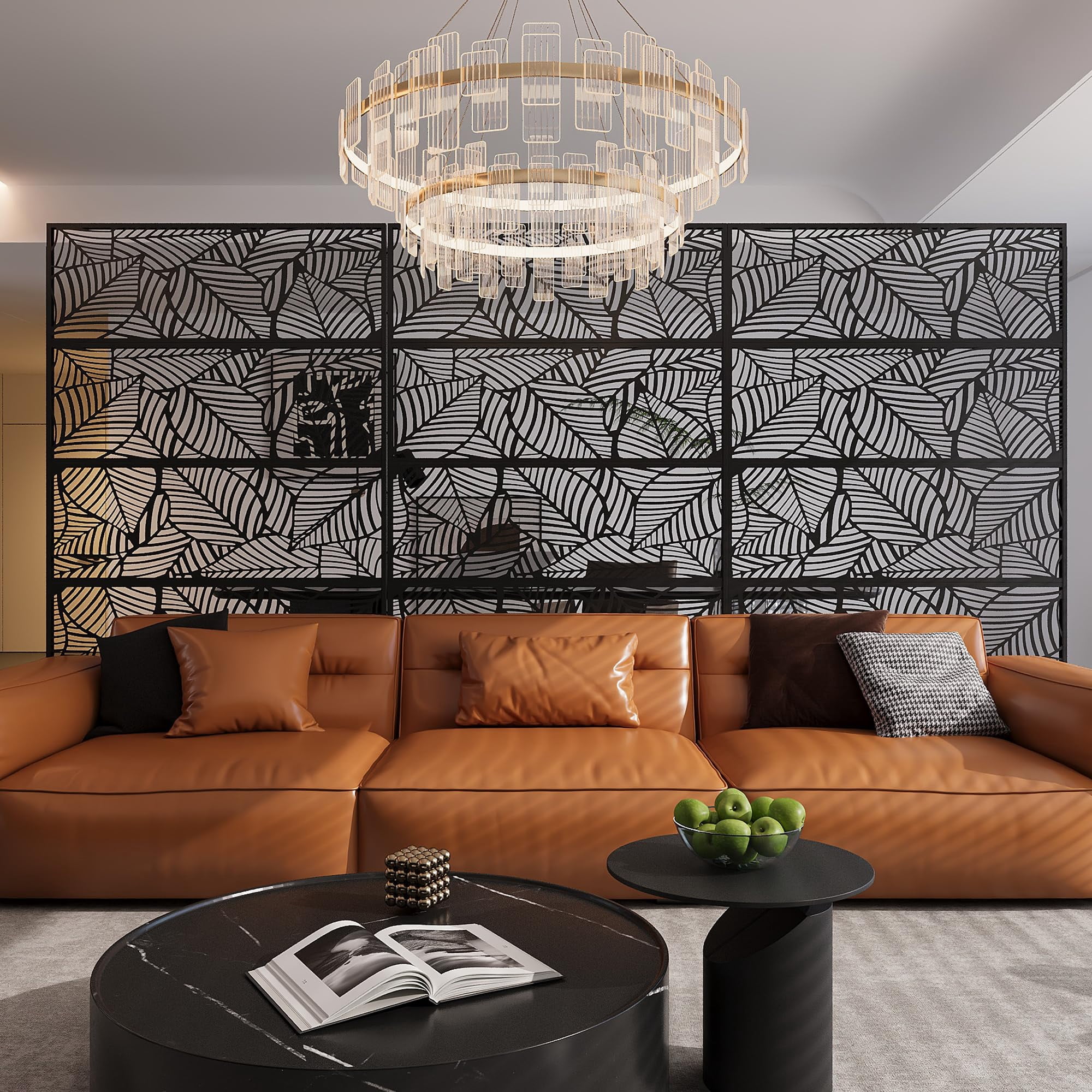 Decorative Metal Garden Fence Panels, Black Outdoor Scroll Design Border ,Rust-Proof & Easy Snap-Together Installation,Leaf