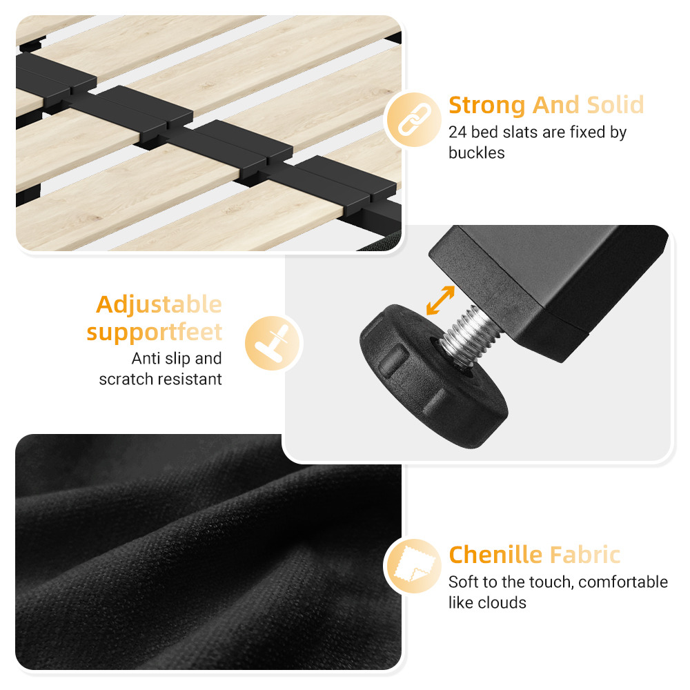 King Size Bed Frame for Bedroom, Platform Bed Frame with Tufted Headboard, Metal and Wooden Slats Double Support, Ultra-Soft Cloud Pillow Design, Noise-Free, Black