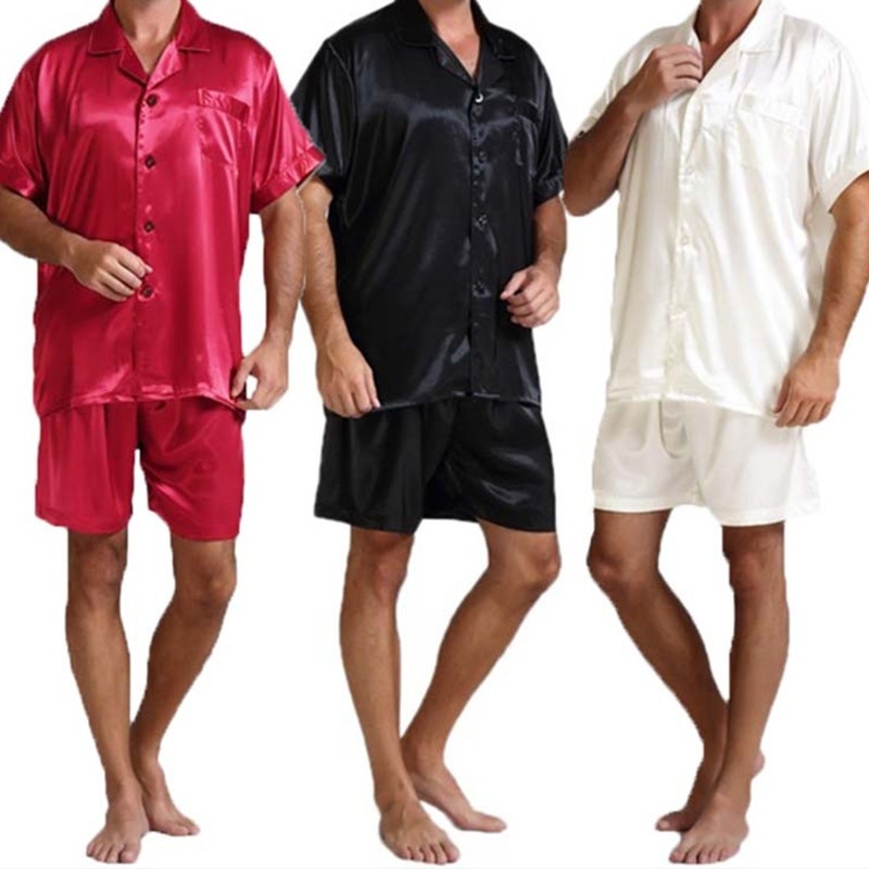 Men Summer 2Pcs Pajamas Suits Sets Satin Silk Short Sleeve Sleepwear